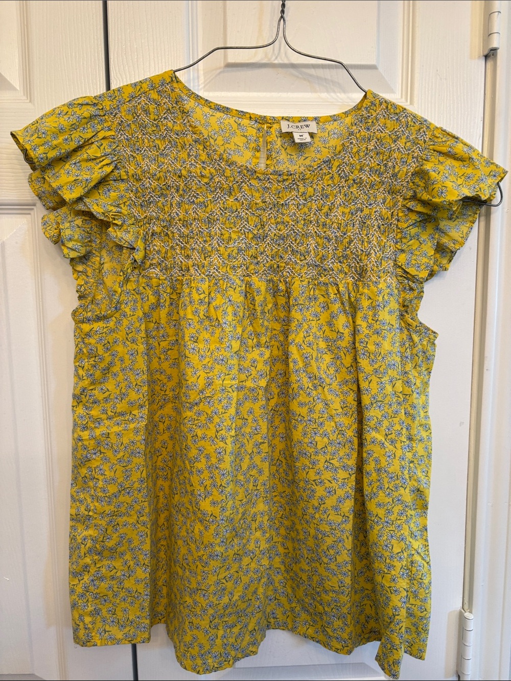 J. Crew Yellow Floral Smocked Ruffle Sleeve Top